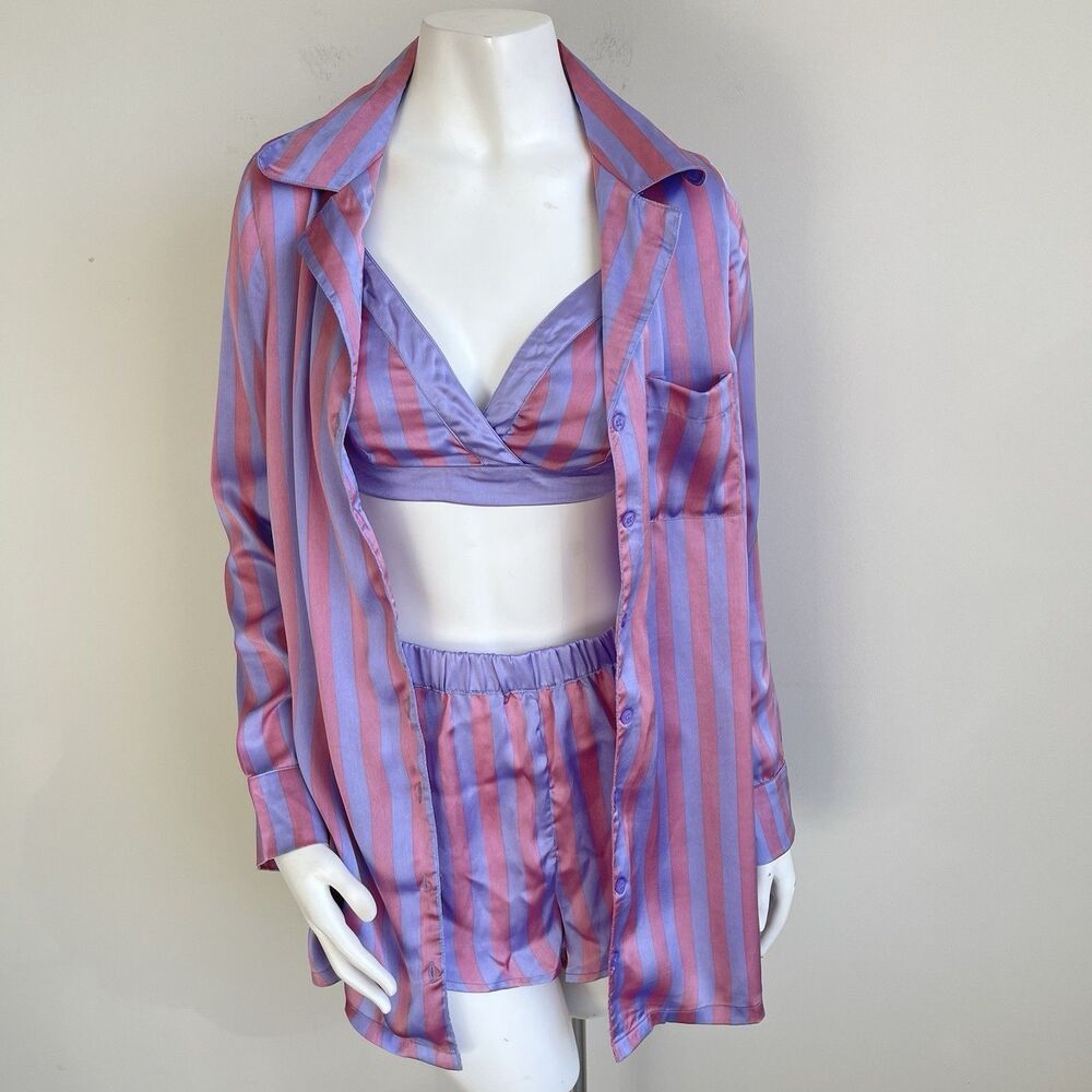 Nasty Gal 3 Pc Satin Pajama Set Pink Purple Sriped Shirt Shorts & Bralette US 4